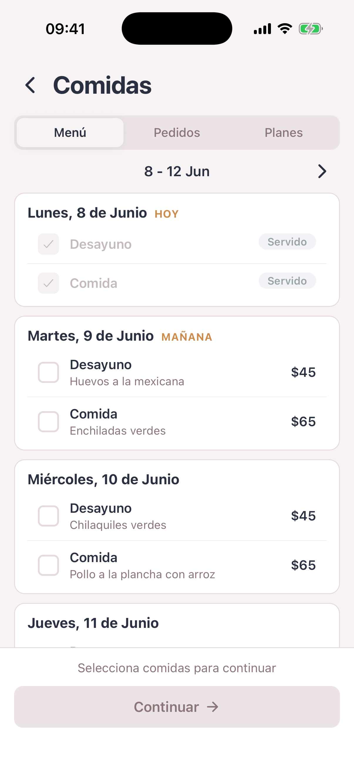 App de papás de Colegia, Comidas: menú de la semana para pedir desde el celular.