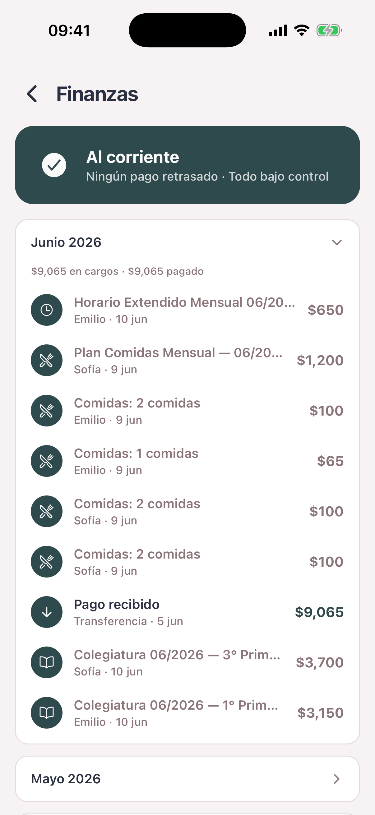App de papás de Colegia, estado de cuenta: cargos, pagos y recordatorios.