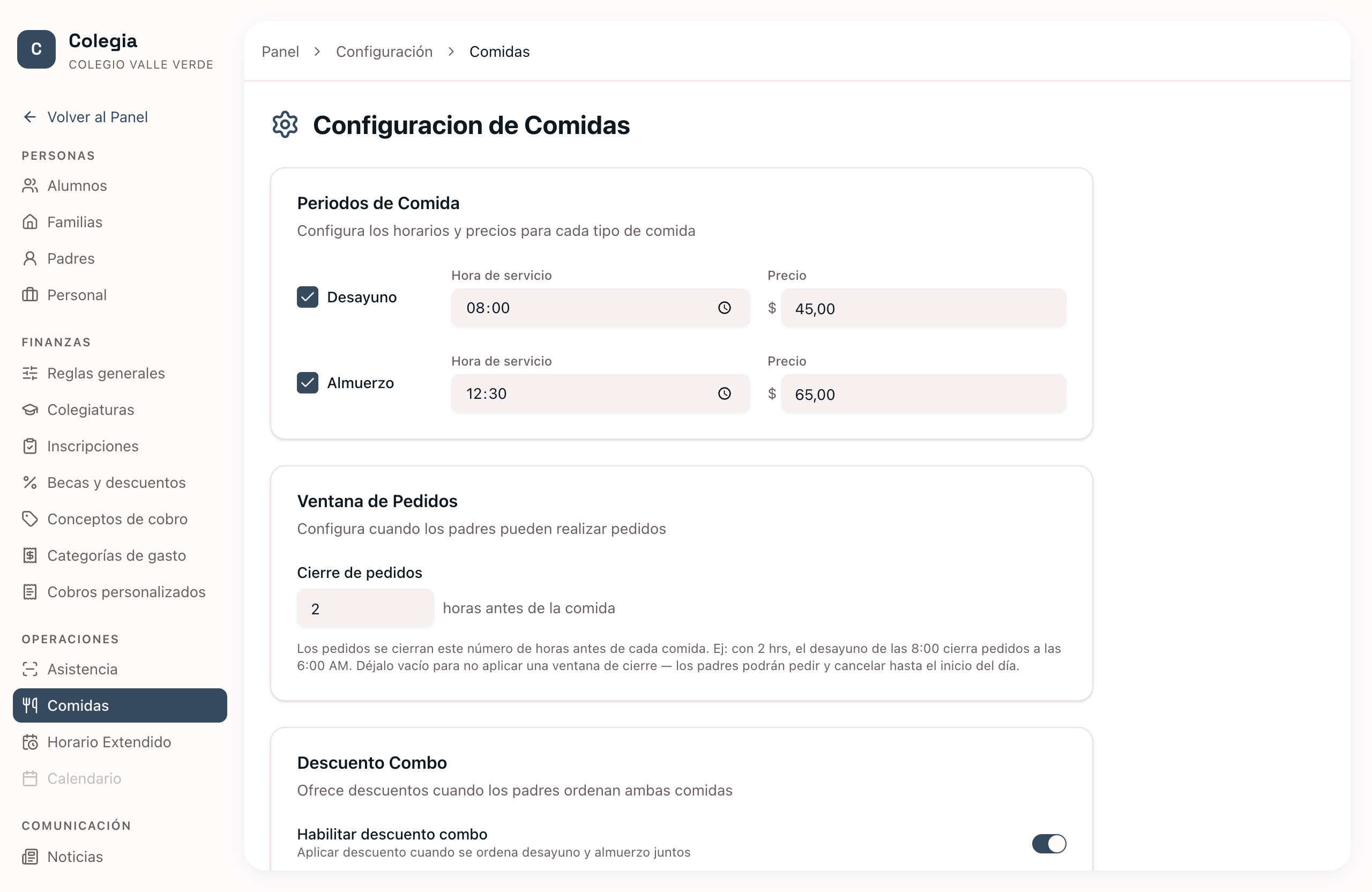 Configuración de Comidas en Colegia: periodos, precios y ventana de cierre de pedidos.