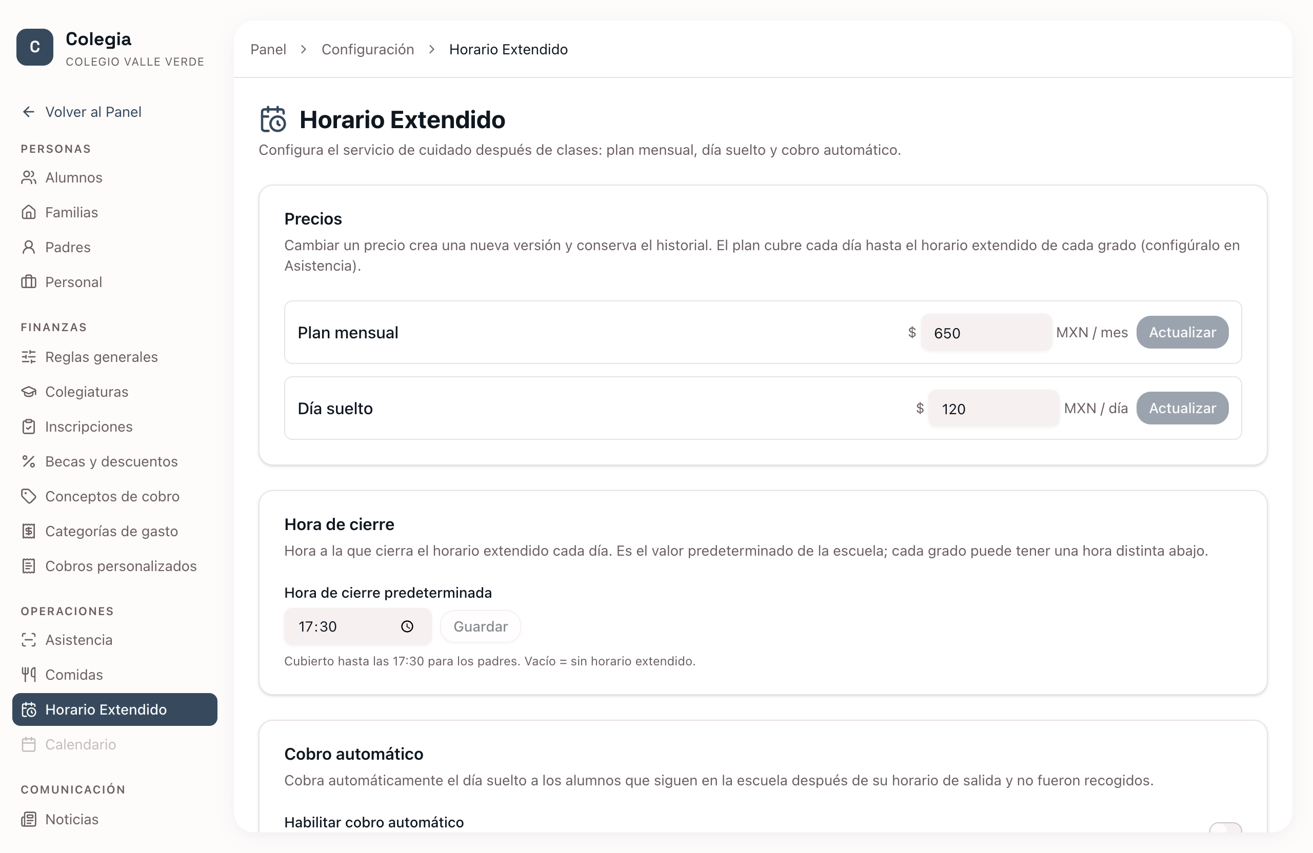Configuración de Horario Extendido en Colegia: plan mensual, día suelto y hora de cierre.